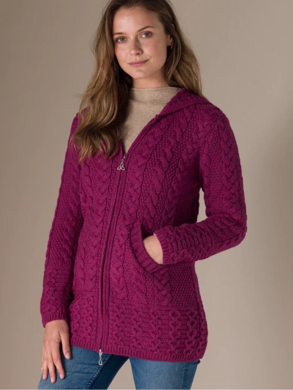 Aran Sweater Ireland Hooded Coatigan with Celtic Knot Zipper Pull Merino Wool